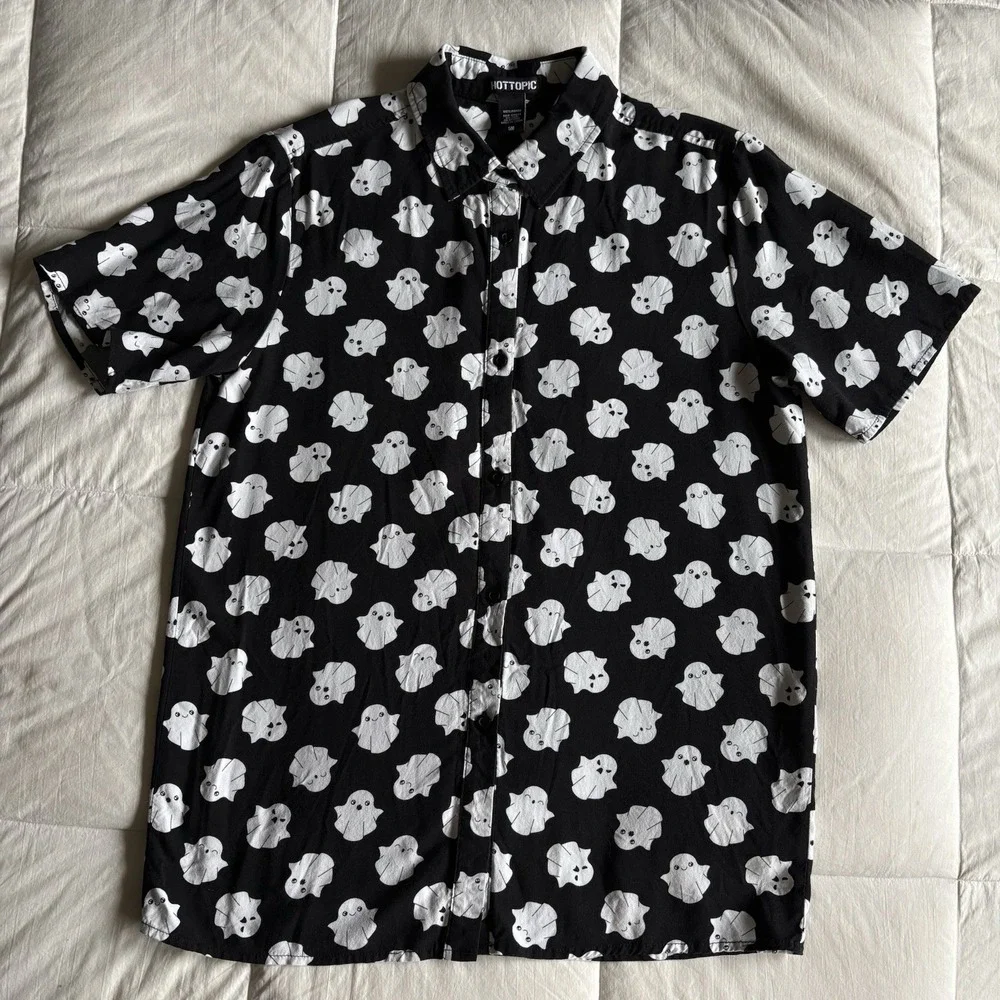 Hot Topic Button Up Ghost Shirt Womens S Black Whimsigoth Cute Spooky Halloween - Picture 2 of 11